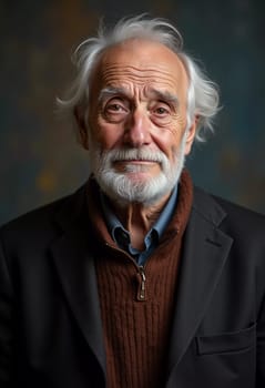 A senior man stands confidently, wearing a black jacket. Softly lit background. Portrait of a Russian man, 60-70-80 years old. Serious, wise, thoughtful face. Pensioner with gray hair. Generative AI.