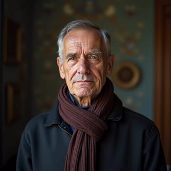 A senior man stands confidently, wearing a black jacket. Softly lit background. Portrait of a Russian man, 60-70-80 years old. Serious, wise, thoughtful face. Pensioner with gray hair. Generative AI.