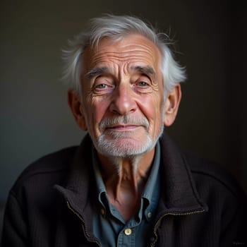 A senior man stands confidently, wearing a black jacket. Softly lit background. Portrait of a Russian man, 60-70-80 years old. Serious, wise, thoughtful face. Pensioner with gray hair. Generative AI.