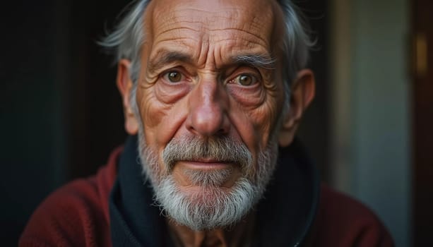A senior man stands confidently, wearing a black jacket. Softly lit background. Portrait of a Russian man, 60-70-80 years old. Serious, wise, thoughtful face. Pensioner with gray hair. Generative AI.