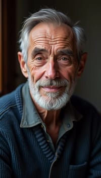 A senior man stands confidently, wearing a black jacket. Softly lit background. Portrait of a Russian man, 60-70-80 years old. Serious, wise, thoughtful face. Pensioner with gray hair. Generative AI.