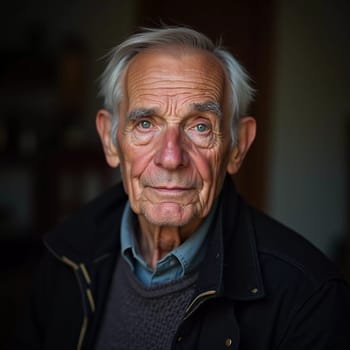 A senior man stands confidently, wearing a black jacket. Softly lit background. Portrait of a Russian man, 60-70-80 years old. Serious, wise, thoughtful face. Pensioner with gray hair. Generative AI.