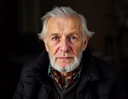 A senior man stands confidently, wearing a black jacket. Softly lit background. Portrait of a Russian man, 60-70-80 years old. Serious, wise, thoughtful face. Pensioner with gray hair. Generative AI.
