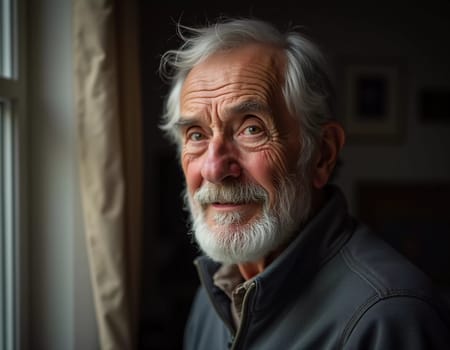 A senior man stands confidently, wearing a black jacket. Softly lit background. Portrait of a Russian man, 60-70-80 years old. Serious, wise, thoughtful face. Pensioner with gray hair. Generative AI.