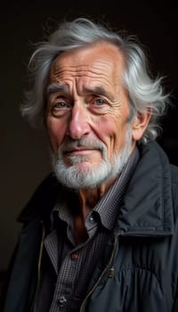 A senior man stands confidently, wearing a black jacket. Softly lit background. Portrait of a Russian man, 60-70-80 years old. Serious, wise, thoughtful face. Pensioner with gray hair. Generative AI.
