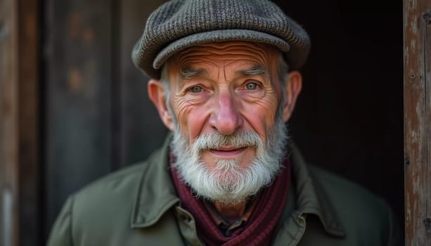 A senior man stands confidently, wearing a black jacket. Softly lit background. Portrait of a Russian man, 60-70-80 years old. Serious, wise, thoughtful face. Pensioner with gray hair. Generative AI.
