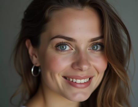 A joyful Russian woman showcases her bright smile while sitting indoors. Her warm expression captures the essence of happiness and positivity in a relaxed setting. Brown hair grey eyes. Generative AI