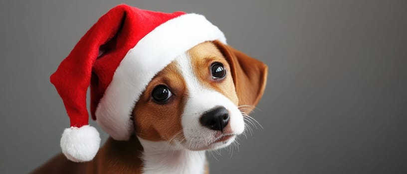 A cheerful puppy adorned with a red Christmas hat gazes curiously. Its expressive eyes enhance the festive spirit of the holiday season.