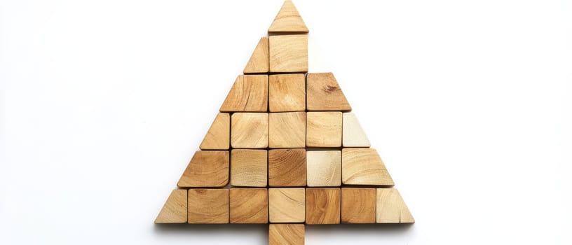 Unique arrangement of wooden blocks forms a simple Christmas tree design on a bright background capturing festive spirit and creativity.