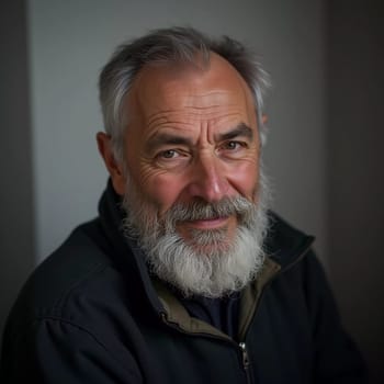 A senior man stands confidently, wearing a black jacket. Softly lit background. Portrait of a Russian man, 60-70-80 years old. Serious, wise, thoughtful face. Pensioner with gray hair. Generative AI.