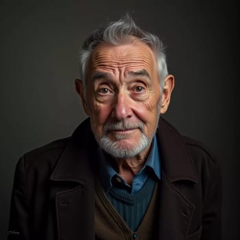 A senior man stands confidently, wearing a black jacket. Softly lit background. Portrait of a Russian man, 60-70-80 years old. Serious, wise, thoughtful face. Pensioner with gray hair. Generative AI.