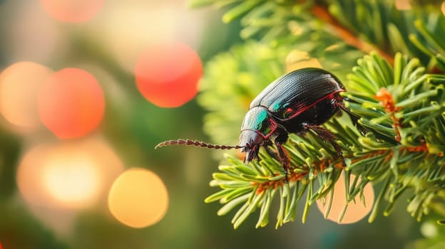 A vibrant beetle is perched on green pine tree branches surrounded by colorful festive lights highlighting the Christmas spirit during winter.