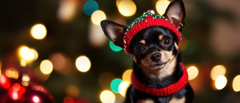 A small dog wearing a red festive sweater and hat poses cheerfully amidst a decorated Christmas tree with colorful lights.