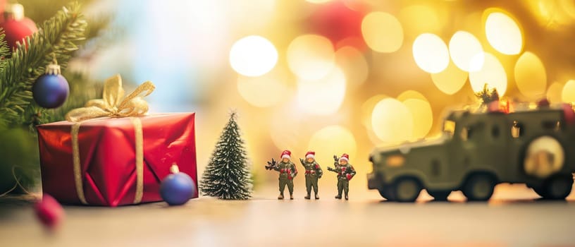 Miniature soldiers wearing Santa hats stand near a decorated gift and a toy vehicle creating a festive and playful atmosphere for Christmas.