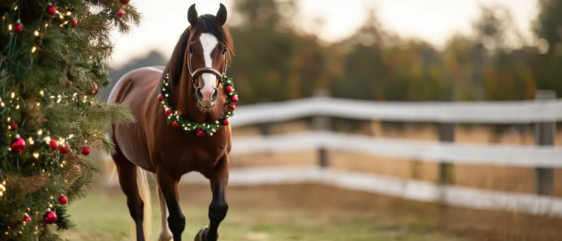 A brown horse wearing a holiday wreath walks near a decorated tree in a serene outdoor countryside setting during winter.
