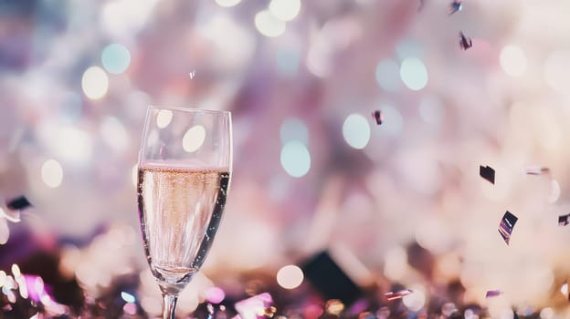 A glass of sparkling cider stands amidst colorful confetti signifying a festive Christmas celebration filled with joy and cheer.