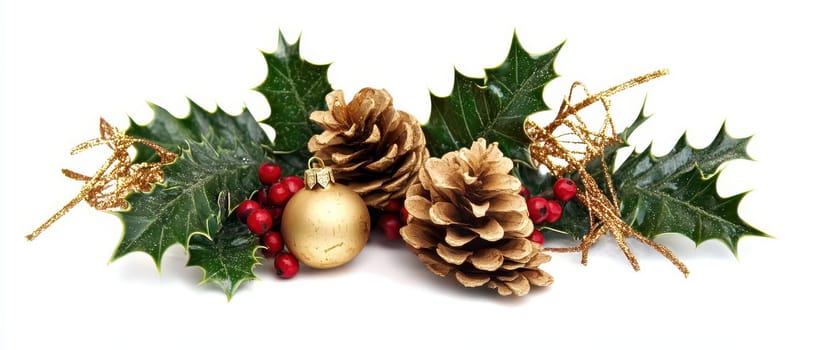 A festive arrangement featuring holly leaves pinecones red berries and a golden ornament perfect for holiday celebrations and decor.