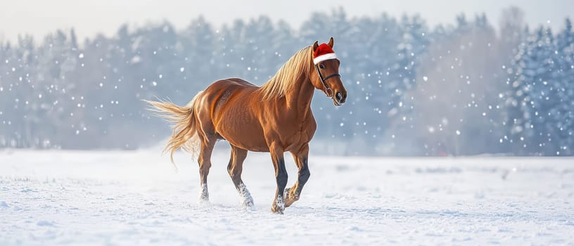 A brown horse with a festive santa hat gallops through a snowy landscape surrounded by pine trees embodying the holiday spirit.