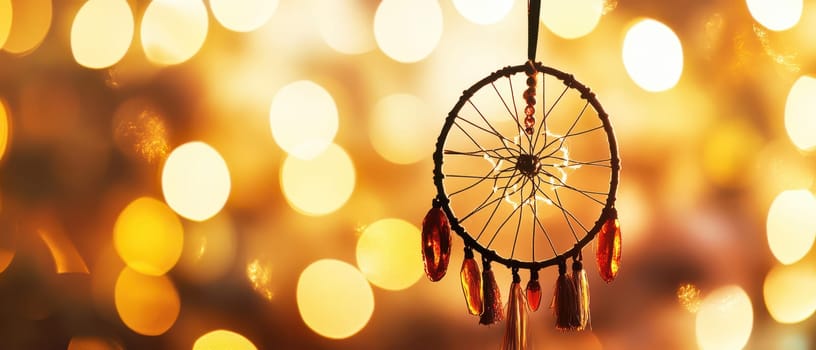 A dreamcatcher hangs beautifully illuminated by warm Christmas lights in the background creating a cozy festive atmosphere.