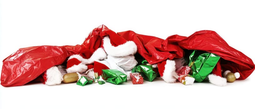 Brightly wrapped presents in various sizes spill out from festive red bags adorned with white trim celebrating the joy of the holiday season.