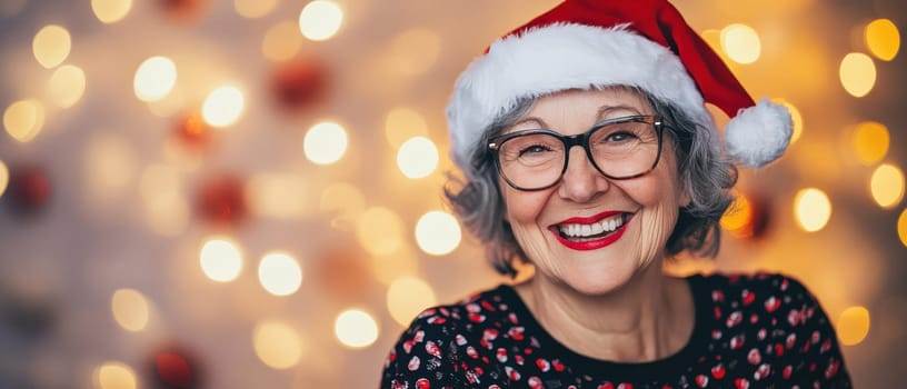 Cheerful grandmother wearing a Santa hat smiles warmly in front of a festive background filled with twinkling holiday lights.