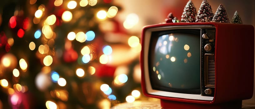 A retro television set is adorned with festive decorations while colorful lights and a Christmas tree create a cheerful holiday atmosphere.