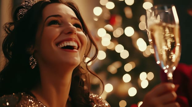 A woman cheers with a champagne glass beaming with joy amidst twinkling lights and a decorated Christmas tree at a festive gathering.