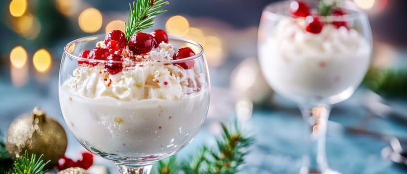 A delicious festive dessert topped with cream and red berries sits elegantly on a table adorned for Christmas with sparkling lights in the background.