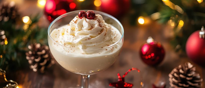 A delicious dessert topped with whipped cream garnished with berries surrounded by Christmas decorations creating a festive atmosphere.