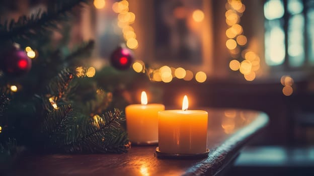 Two candles flicker softly on a table decorated for Christmas while twinkling lights and ornaments create a cozy holiday atmosphere.