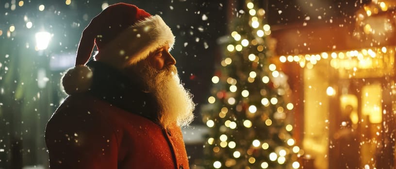 Santa Claus enjoys a snowy evening surrounded by twinkling lights and a festive Christmas tree in the background.