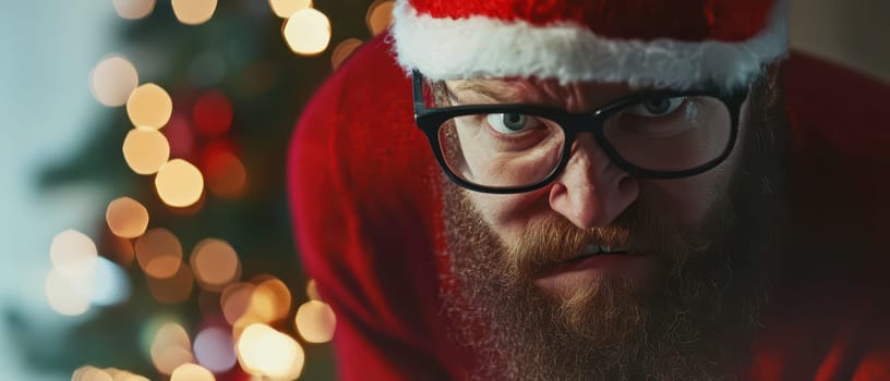A man in a festive outfit with glasses shows a fierce expression near a decorated Christmas tree. Bright lights create a warm atmosphere.