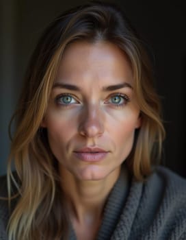 A Russian woman stands gracefully with long, flowing hair and striking grey eyes. Soft light enhances her natural beauty, creating an intimate atmosphere. Serious woman 40-50 years old. Generative AI.