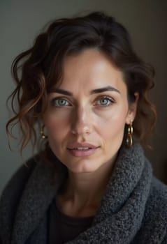 A Russian woman stands gracefully with long, flowing hair and striking grey eyes. Soft light enhances her natural beauty, creating an intimate atmosphere. Serious woman 40-50 years old. Generative AI.