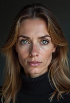 A Russian woman stands gracefully with long, flowing hair and striking grey eyes. Soft light enhances her natural beauty, creating an intimate atmosphere. Serious woman 40-50 years old. Generative AI.