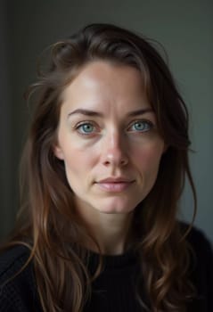 A Russian woman stands gracefully with long, flowing hair and striking grey eyes. Soft light enhances her natural beauty, creating an intimate atmosphere. Serious woman 40-50 years old. Generative AI.