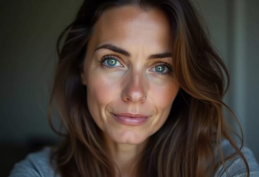 A Russian woman stands gracefully with long, flowing hair and striking grey eyes. Soft light enhances her natural beauty, creating an intimate atmosphere. Serious woman 40-50 years old. Generative AI.
