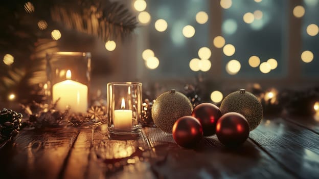 Glowing candlelight illuminates holiday decorations and ornaments on a wooden table creating a cozy atmosphere for Christmas celebrations.