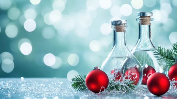 Glass bottles sit on a festive table surrounded by red ornaments and evergreen branches capturing the spirit of Christmas celebrations.