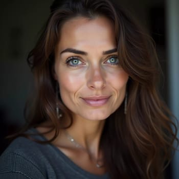 A Russian woman stands gracefully with long, flowing hair and striking grey eyes. Soft light enhances her natural beauty, creating an intimate atmosphere. Serious woman 40-50 years old. Generative AI.