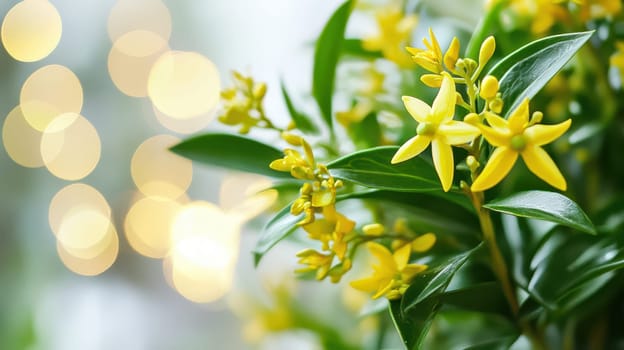 A close up view of vibrant yellow flowers adorned with soft blurred lights capturing the spirit of the holiday season and nature.