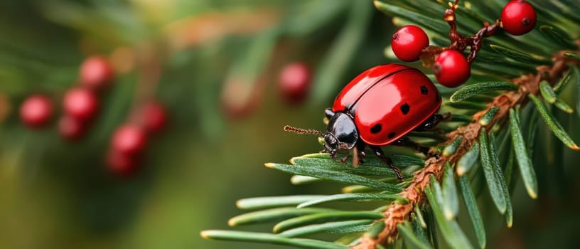 A bright red beetle rests on a green evergreen branch adorned with red berries capturing the essence of the Christmas season.