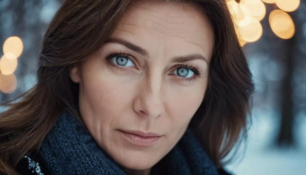 Middle-aged woman, wavy brown hair, captivating blue eyes. She stands confidently exuding grace and poise. A resident of Russia, a woman 40-50 years old. Portrait of an ordinary woman. Generative AI.