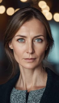 A Russian woman stands gracefully with long, flowing hair and striking grey eyes. Soft light enhances her natural beauty, creating an intimate atmosphere. Serious woman 40-50 years old. Generative AI.