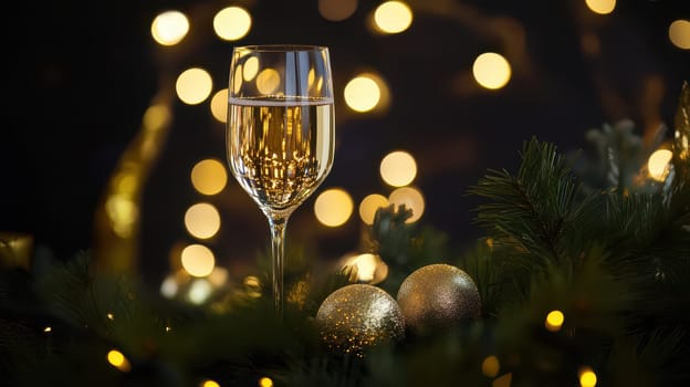 A glass of sparkling wine sits among golden ornaments and festive greenery glowing lights illuminating the joyful atmosphere of Christmas.