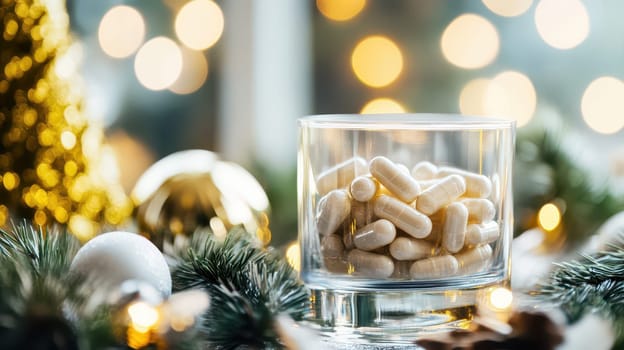 A glass container filled with white capsules sits surrounded by holiday decorations. Twinkling lights and ornaments create a festive atmosphere.