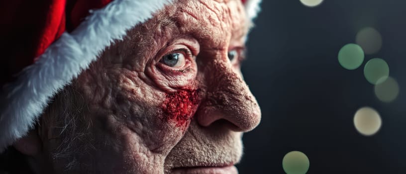 An elderly man wearing a festive hat is captured in profile against a blurred background of holiday lights during the Christmas season.
