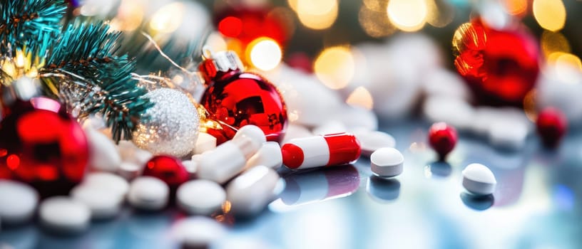 Vibrant red and silver ornaments are scattered among festive candies creating a cheerful holiday ambiance with sparkling lights in the background.