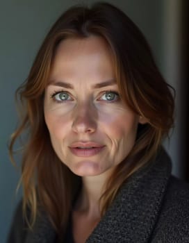 A Russian woman stands gracefully with long, flowing hair and striking grey eyes. Soft light enhances her natural beauty, creating an intimate atmosphere. Serious woman 40-50 years old. Generative AI.