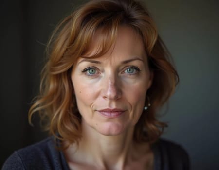 Middle-aged woman, wavy auburn hair, captivating blue eyes. She stands confidently exuding grace and poise. A resident of Russia, a woman 40-50 years old. Portrait of an ordinary woman. Generative AI.